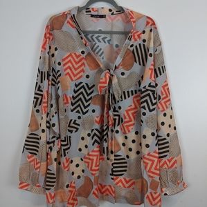 Jete Multi-Print Button Down Blouse with Bow 4x